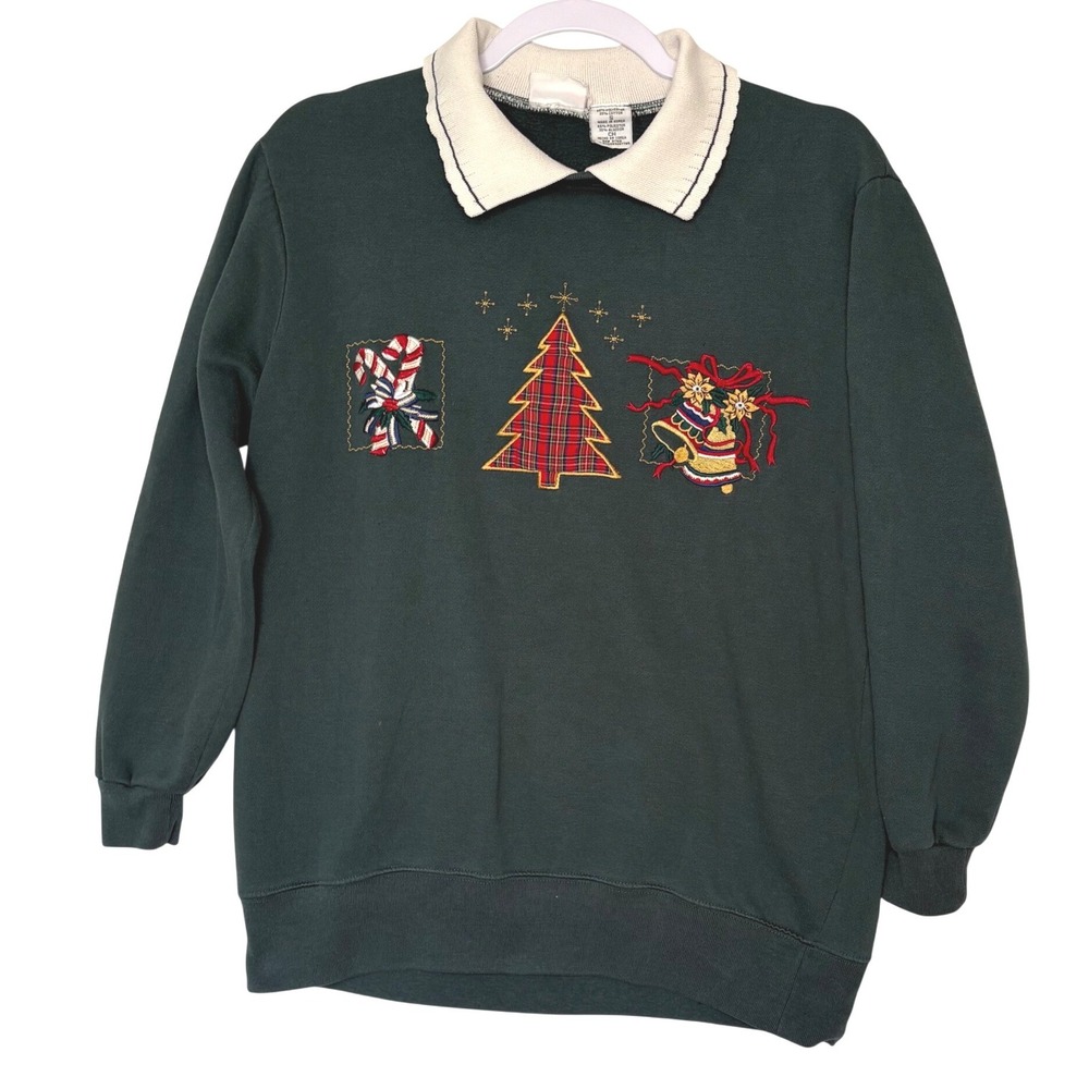 Vtg Bobbie Brooks Christmas Sweatshirt S Collared Green 90s Grannycore Teacher